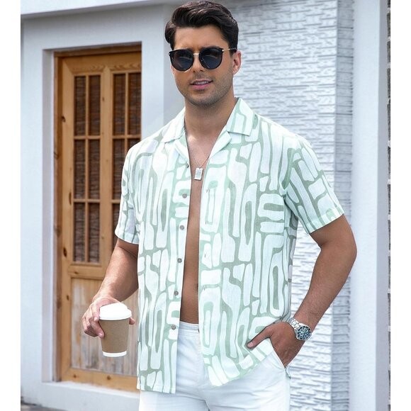Alex Vando Men's Linen Cotton Hawaiian Shirt Short Sleeve Summer Casual - Picture 1 of 5